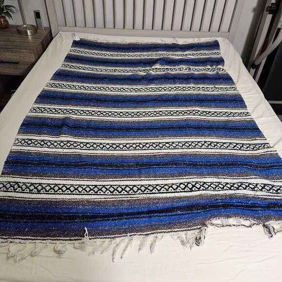 Vint Mexican Blanket Throw Baja Falsa Southwest Blue White Black Stripe 70"x48" - Picture 1 of 10